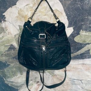 Rugby Canada Black Leather Drawstring Backpack-Price Firm